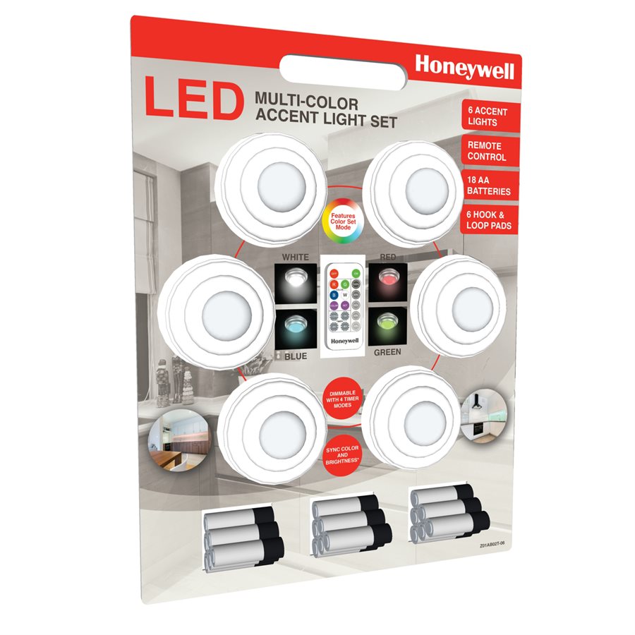 Honeywell Battery Powered Accent Light Set, Includes 6 Color Changing Lights (6-Pack), Z01AB02G-06